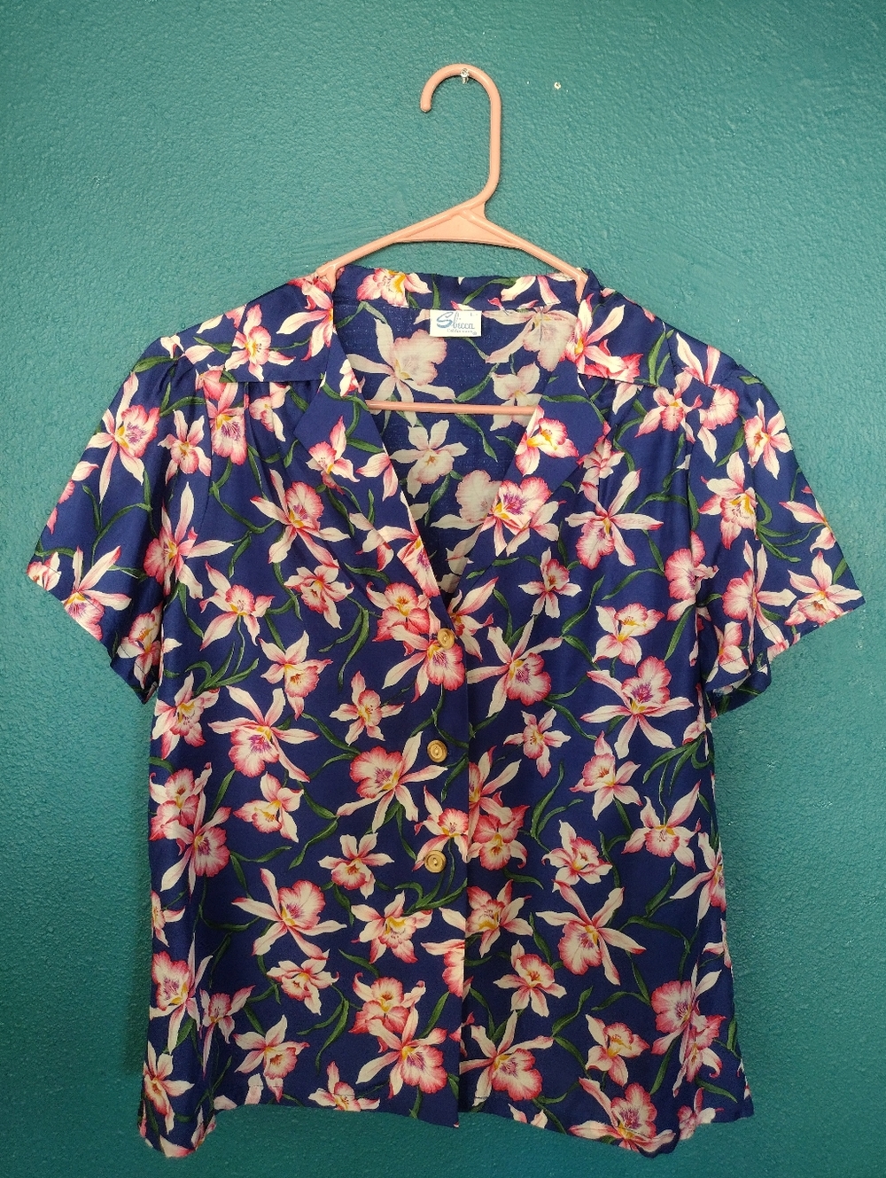 Vintage Sbicca Floral Button-Front Pink Green Navy Short Sleeve Tropical Top